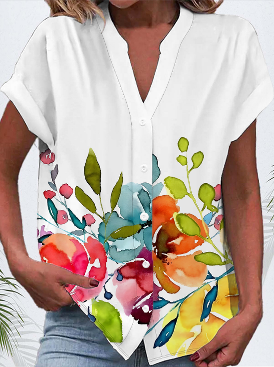 Women Floral Short Sleeve Shirt Summer Buckle V Neck Daily Casual Top
