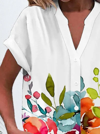 Women Floral Short Sleeve Shirt Summer Buckle V Neck Daily Casual Top