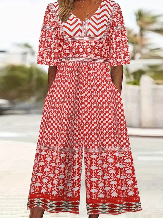 Women Geometric V Neck Half Sleeve Casual Summer Jumpsuit