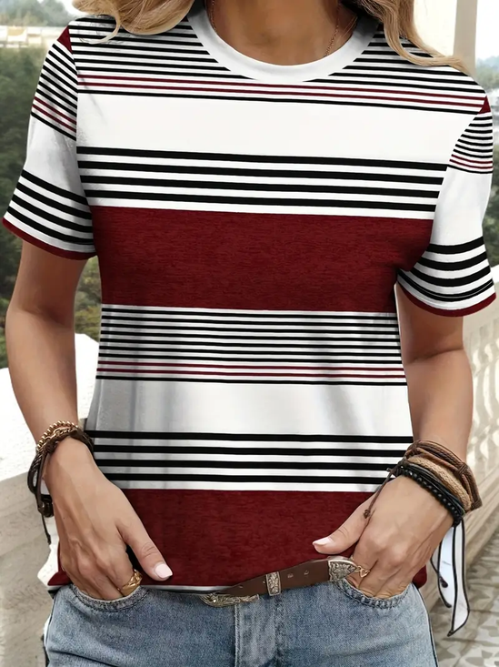 Women Striped Short Sleeve Tee T-shirt Crew Neck Printing Casual Summer Graphic Tee Top