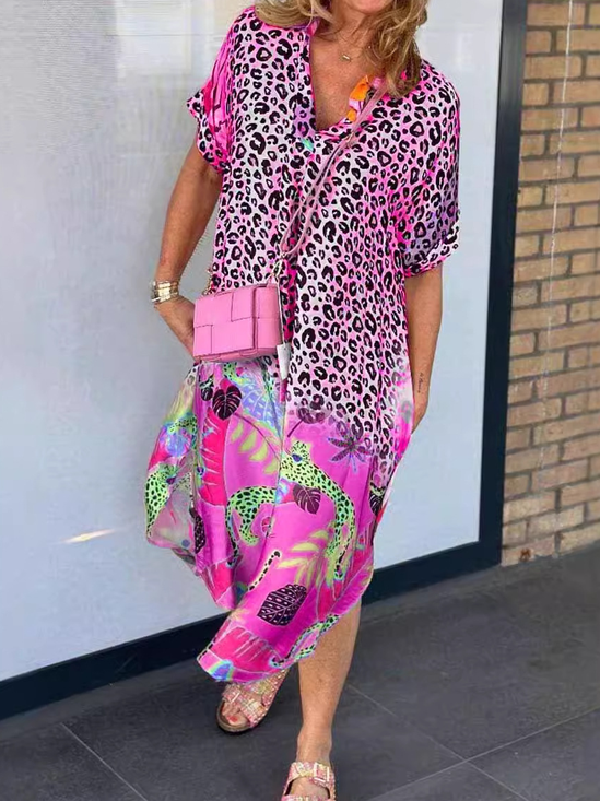 Women Floral Short Sleeve Summer Dress Half Open Collar Daily Vintage Maxi Shirt Dress A-Line Dress