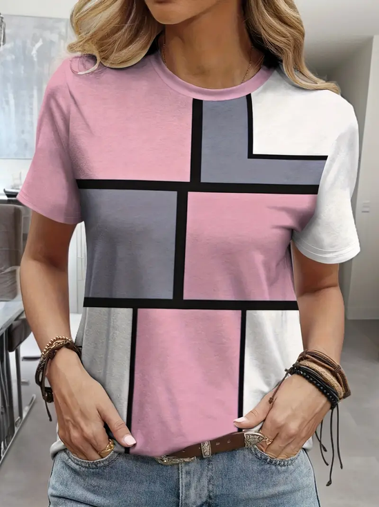 Women Geometric Short Sleeve Tee T-shirt Crew Neck Printing Casual Summer Graphic Tee Top