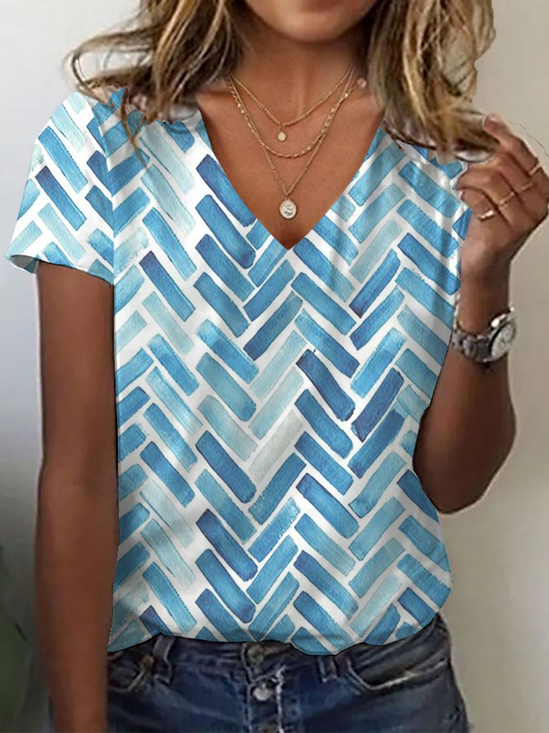 Women Geometric Short Sleeve Tee T-shirt V Neck Printing Casual Summer Graphic Tee Top