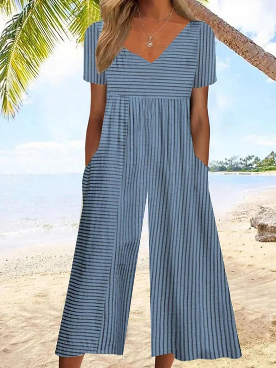 Women Striped V Neck Half Sleeve Casual Summer Jumpsuit