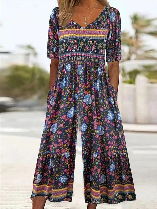 Women Floral V Neck Half Sleeve Casual Summer Jumpsuit