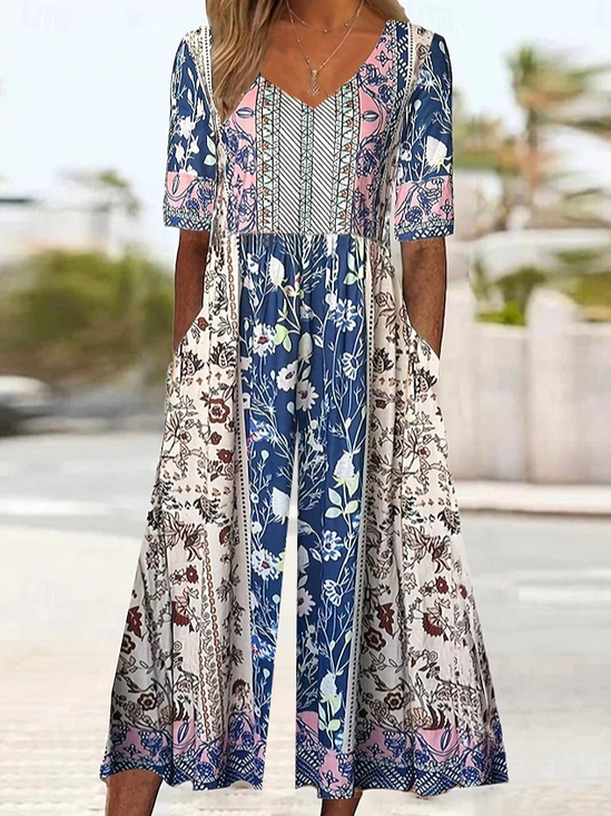 Women Floral V Neck Half Sleeve Casual Summer Jumpsuit