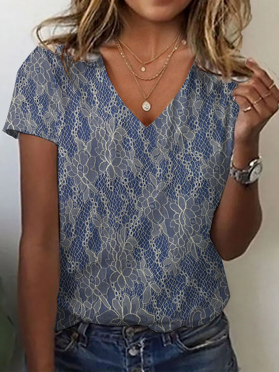 Women Floral Short Sleeve Tee T-shirt V Neck Printing Casual Summer Graphic Tee Top