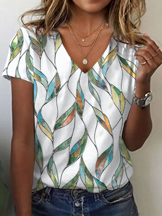 Women Floral Short Sleeve Tee T-shirt V Neck Printing Casual Summer Graphic Tee Top