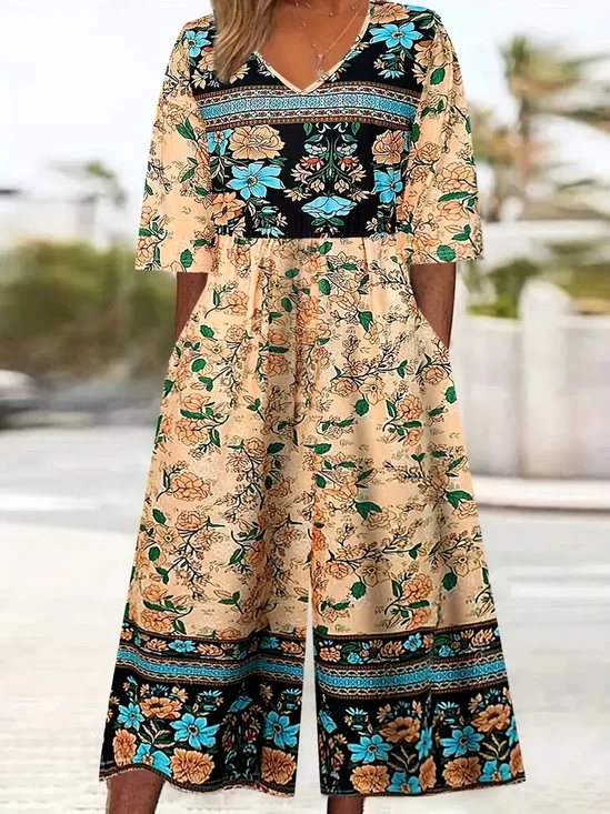 Women Floral V Neck Half Sleeve Casual Summer Jumpsuit