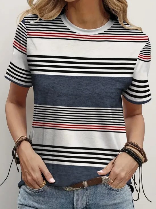 Women Striped Short Sleeve Tee T-shirt Crew Neck Printing Casual Summer Graphic Tee Top
