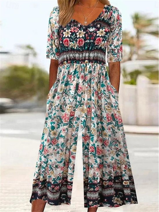 Women Floral V Neck Half Sleeve Casual Summer Jumpsuit