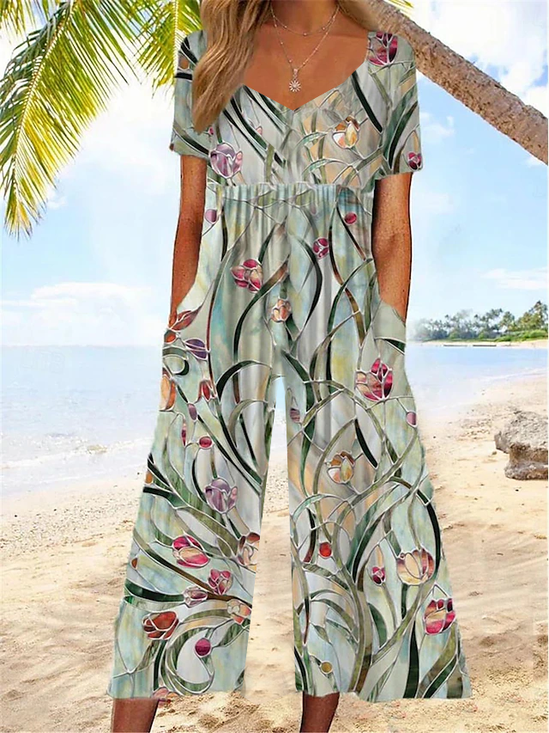 Women Floral V Neck Half Sleeve Casual Summer Jumpsuit