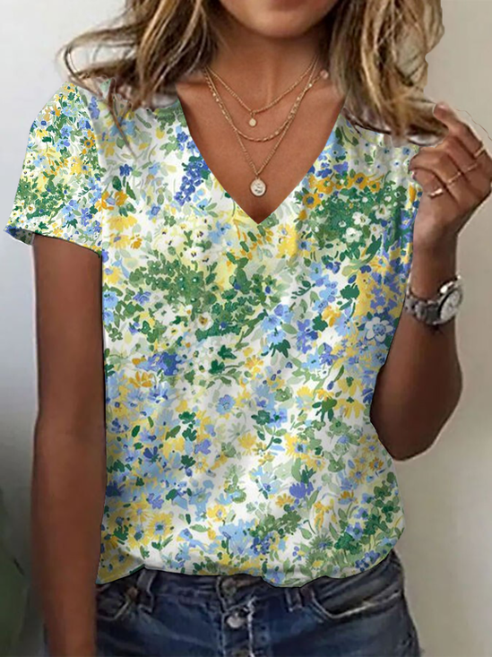 Women Floral Short Sleeve Tee T-shirt V Neck Printing Casual Summer Graphic Tee Top