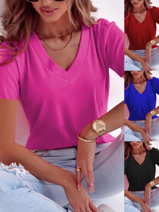 Women Plain Short Sleeve Tee T-shirt V Neck Casual Summer Top