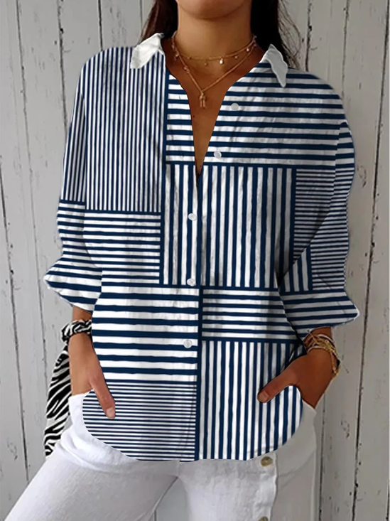 Women Striped Three Quarter Sleeve Shirt Spring/Fall Printing Shirt Collar Daily Casual Top