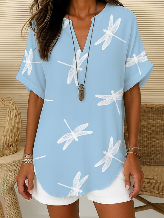 Women Dragonfly Short Sleeve Shirt Summer Printing V Neck Daily Casual Top