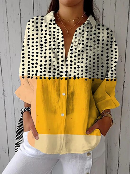 Women Polka Dots Three Quarter Sleeve Shirt Spring/Fall Printing Shirt Collar Daily Casual Top