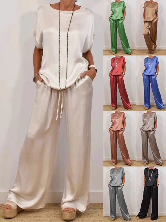Women Plain Two-Piece Set Daily Half Sleeve Casual Summer Top With Pants Matching Set