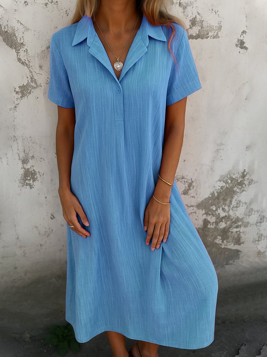 Women Plain Short Sleeve Summer Dress Shirt Collar Daily Casual Maxi A-Line Dress