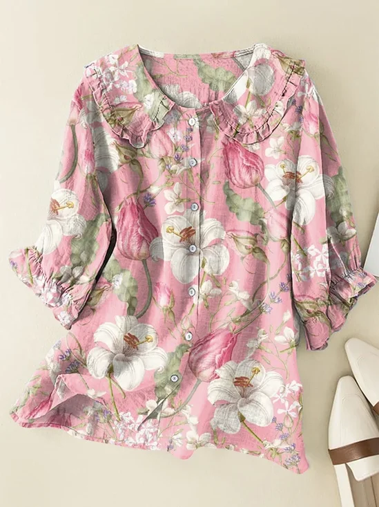 Women Floral Short Sleeve Shirt Summer Printing Shawl Collar Daily Casual Top