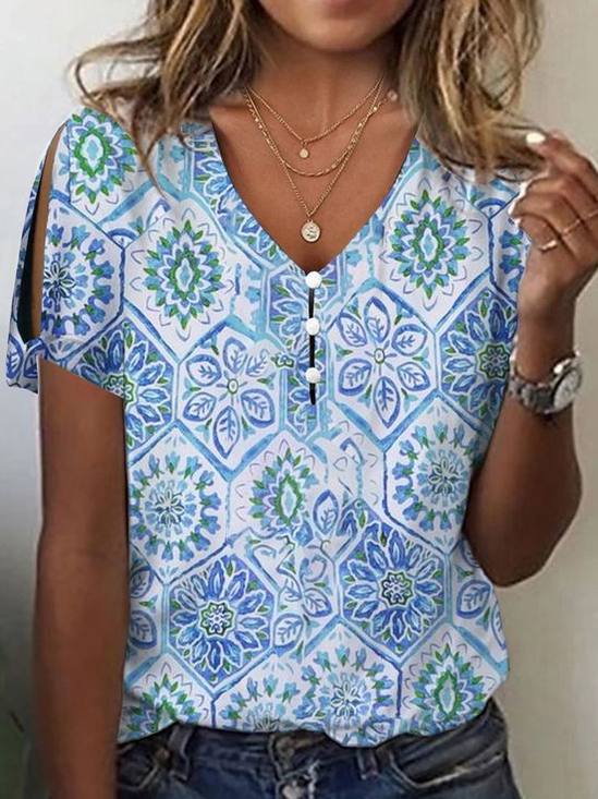 Women Floral Short Sleeve Tee T-shirt V Neck Printing Casual Summer Graphic Tee Top