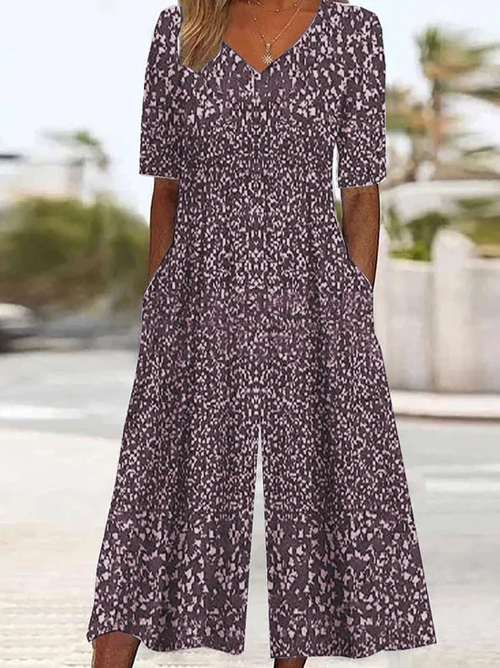 Women's Floral V Neck Half Sleeve Casual Summer Jumpsuit