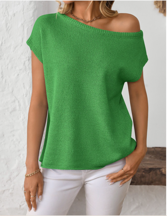 Women's knitwear Y2K summer knit sweater curved beaded ice silk fabric knitted pullover oblique shoulder round neck top