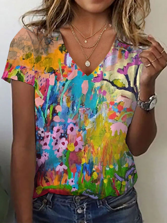Women Floral Short Sleeve Tee T-shirt V Neck Printing Casual Summer Graphic Tee Top