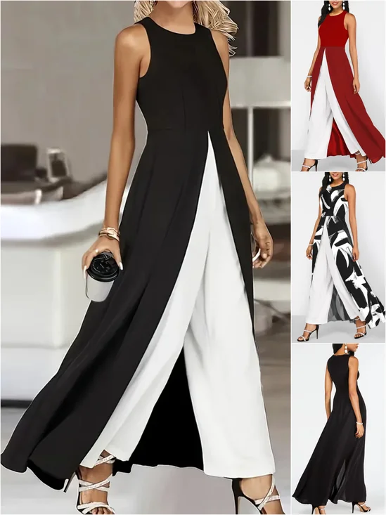 Women Geometric Crew Neck Sleeveless Casual Summer Jumpsuit