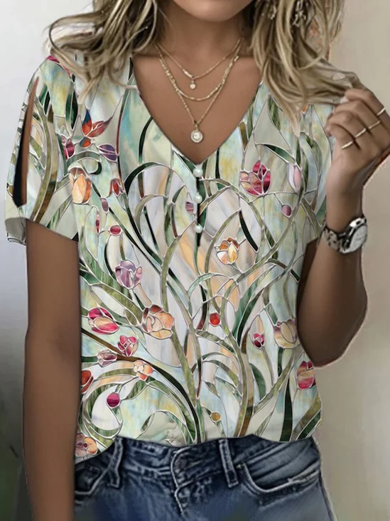 Women Floral Short Sleeve Tee T-shirt V Neck Printing Casual Summer Graphic Tee Top