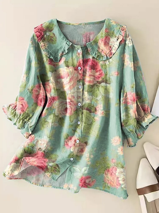 Women Floral Short Sleeve Shirt Summer Printing Shawl Collar Daily Casual Top