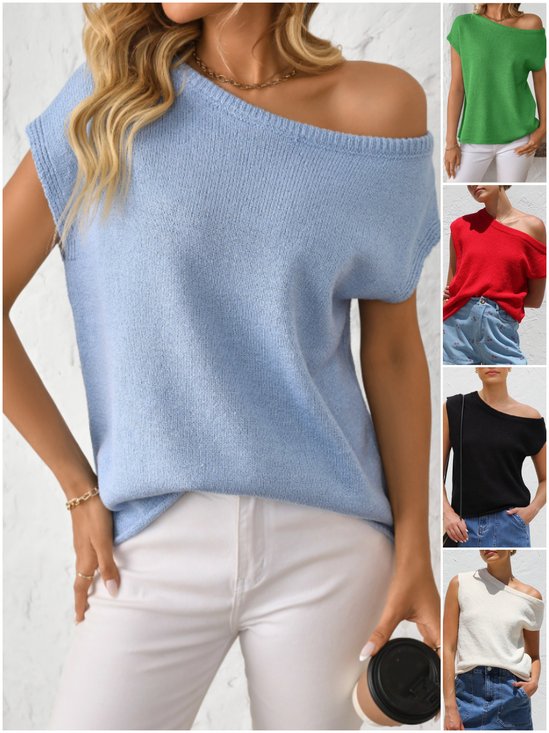 Women's knitwear Y2K summer knit sweater curved beaded ice silk fabric knitted pullover oblique shoulder round neck top