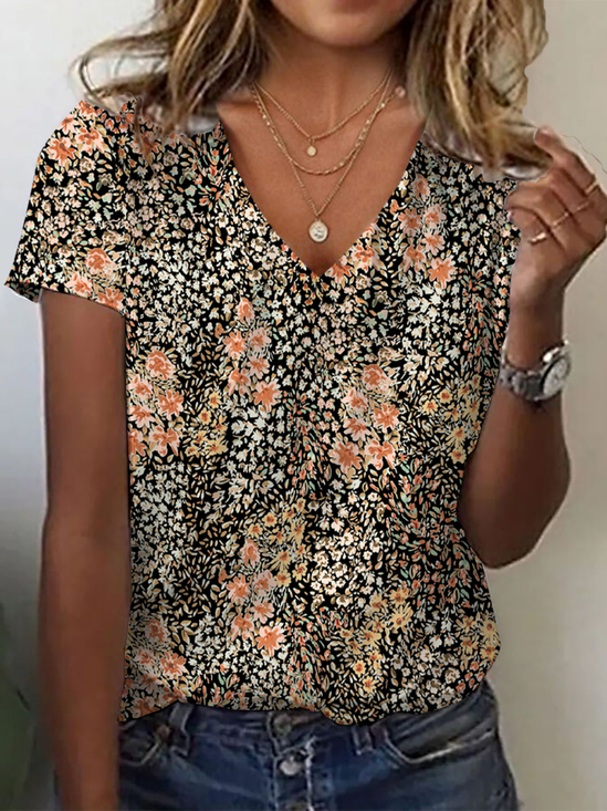 Women Floral Short Sleeve Tee T-shirt V Neck Printing Casual Summer Graphic Tee Top