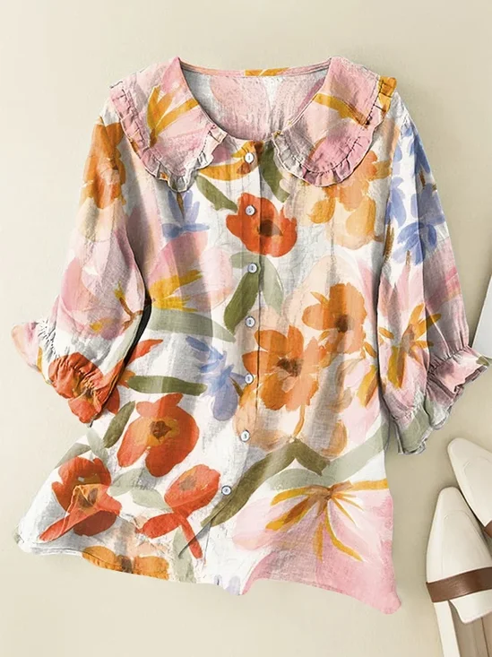 Women Floral Short Sleeve Shirt Summer Printing Shawl Collar Daily Casual Top