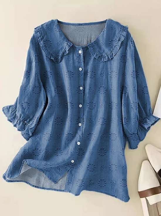 Women Floral Short Sleeve Shirt Summer Shawl Collar Daily Casual Top
