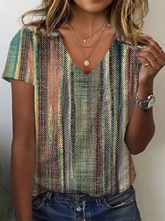 Women Striped Short Sleeve Tee T-shirt V Neck Printing Casual Summer Graphic Tee Top