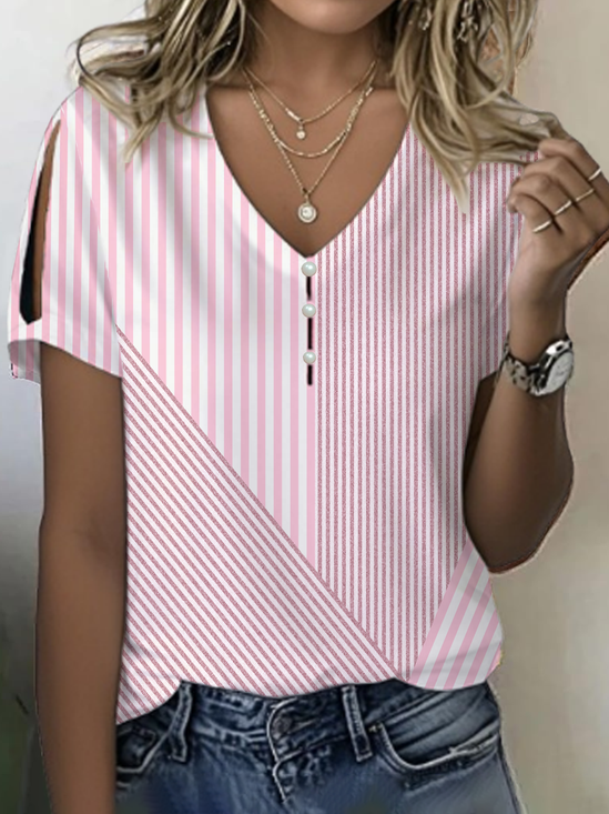 Women Striped Short Sleeve Tee T-shirt V Neck Printing Casual Summer Graphic Tee Top