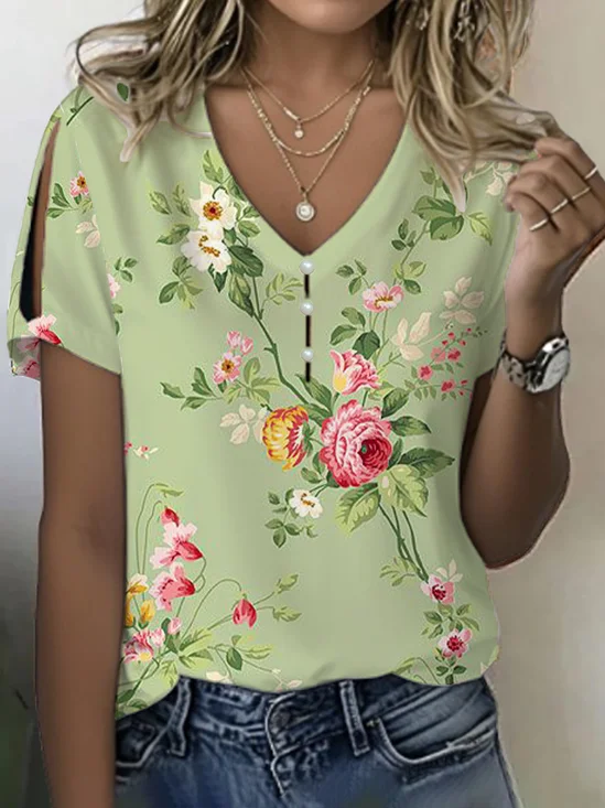 Women Floral Short Sleeve Tee T-shirt V Neck Printing Casual Summer Graphic Tee Top