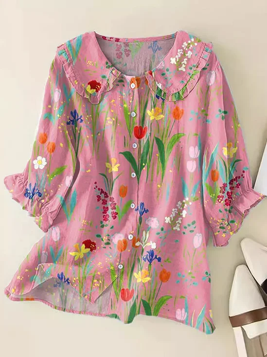 Women Floral Short Sleeve Shirt Summer Printing Shawl Collar Daily Casual Top