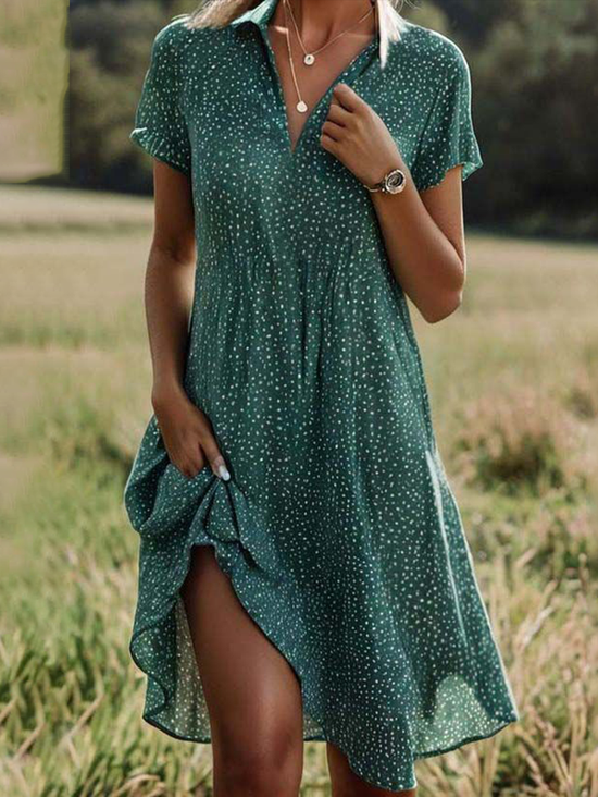 Women Polka Dots Short Sleeve Summer Printing Dress Shawl Collar Daily Casual Knee Length A-Line Dress