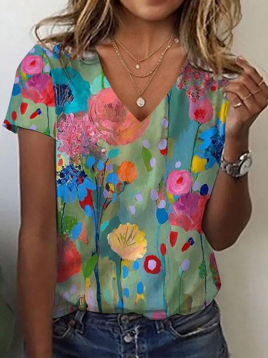 Women Floral Short Sleeve Tee T-shirt V Neck Printing Casual Summer Graphic Tee Top