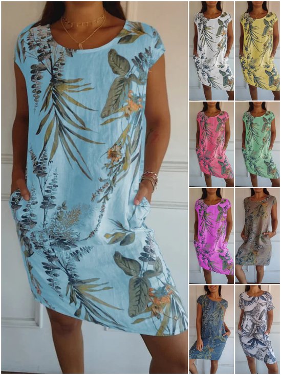 Women Leaf Sleeveless Summer Pocket Stitching Dress Crew Neck Daily Casual Mini Fit & Flare Dress A-Line Dress