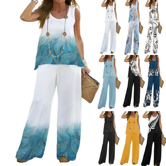 Women Geometric Two-Piece Set Daily Sleeveless Vintage Summer Top With Pants Matching Set