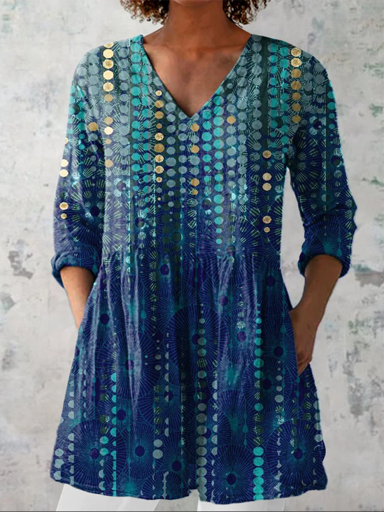 Women Abstract Long Sleeve Shirt Spring/Fall V Neck Daily Casual Top