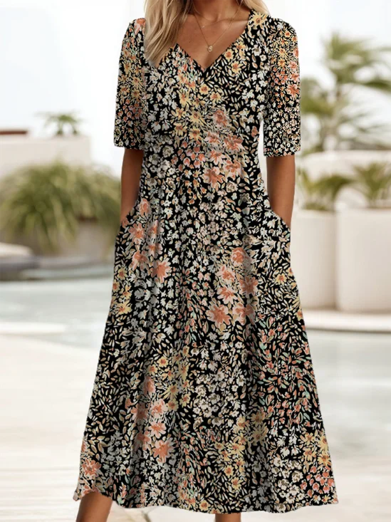 Women Floral Short Sleeve Summer Printing Dress V Neck Daily Casual Maxi A-Line Dress