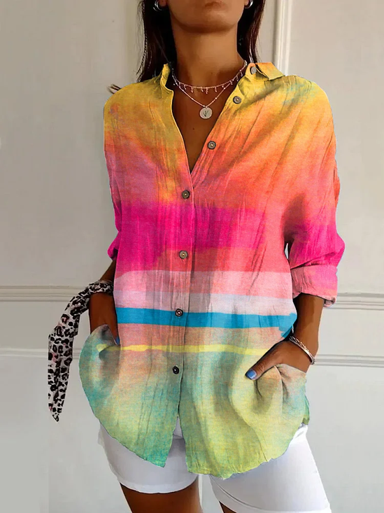 Women Ombre Long Sleeve Shirt Spring/Fall Buckle Shirt Collar Daily Casual Top