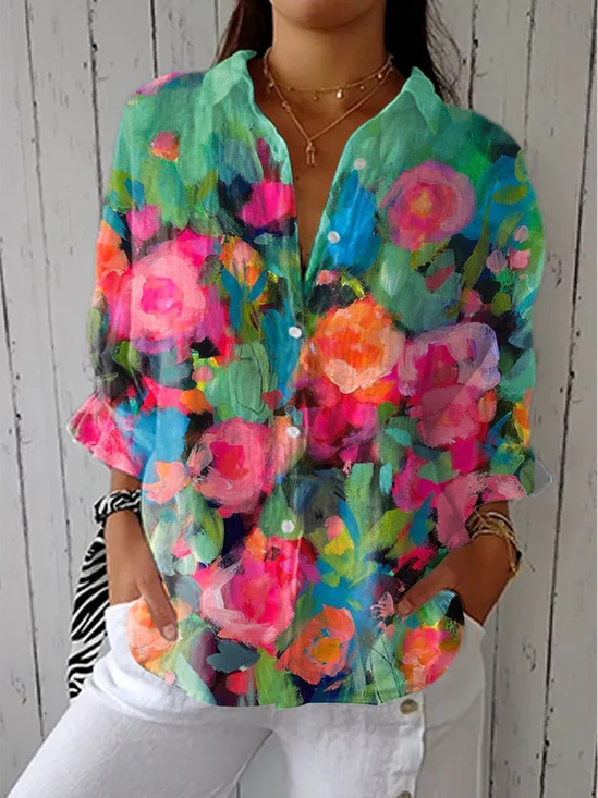 Women Floral Three Quarter Sleeve Shirt Spring/Fall Printing Shirt Collar Daily Casual Top