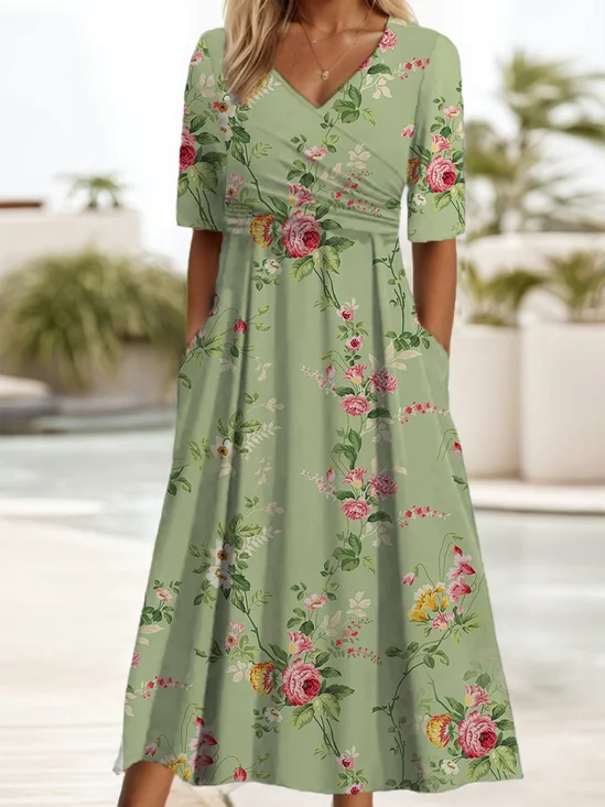 Women Floral Short Sleeve Summer Printing Dress V Neck Daily Casual Maxi A-Line Dress