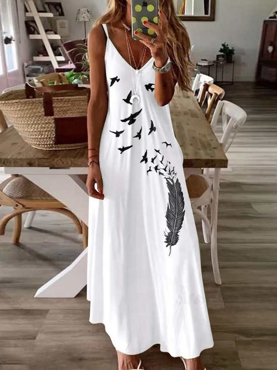 Women Bird Sleeveless Summer Printing Dress V Neck Daily Casual Maxi Slip Dress X-Line Dress