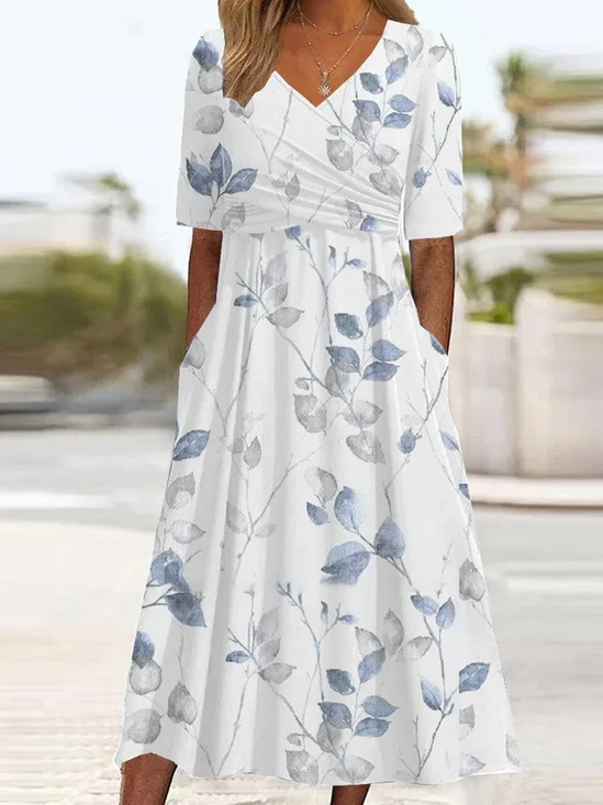 Women Floral Short Sleeve Summer Printing Dress V Neck Daily Casual Maxi A-Line Dress